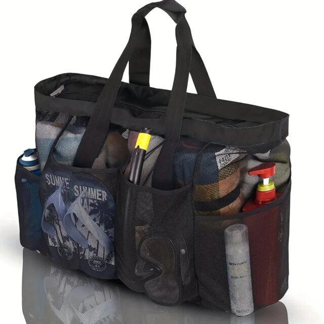1pc Extra Large Mesh Beach Bag, Breathable Mesh Tote With Zipper & Side Pockets, Portable Large Capacity Finishing Organizer Bag
