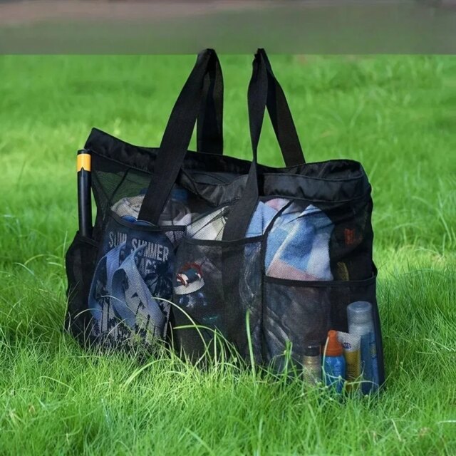 1pc Extra Large Mesh Beach Bag, Breathable Mesh Tote With Zipper & Side Pockets, Portable Large Capacity Finishing Organizer Bag