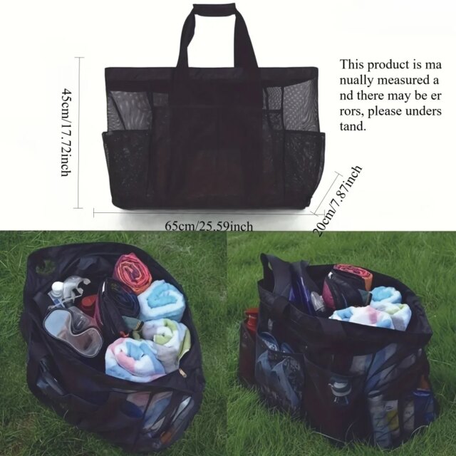 1pc Extra Large Mesh Beach Bag, Breathable Mesh Tote With Zipper & Side Pockets, Portable Large Capacity Finishing Organizer Bag